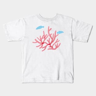 Pink coral and blue fish in the ocean Kids T-Shirt